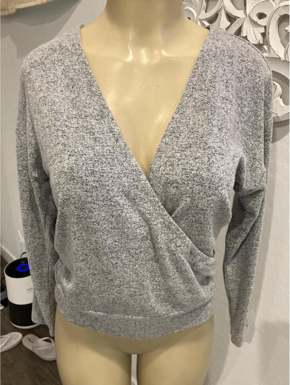 White House Black Market Gray Long Sleeve Wrap Top Sweater,